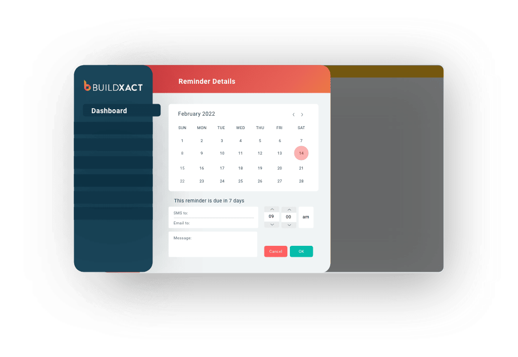 A stylised look at the reminder function on Buildxact dashboards