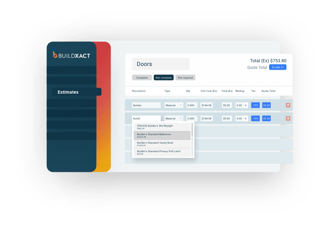 A stylised look at the estimating screen with pricelists and recipes