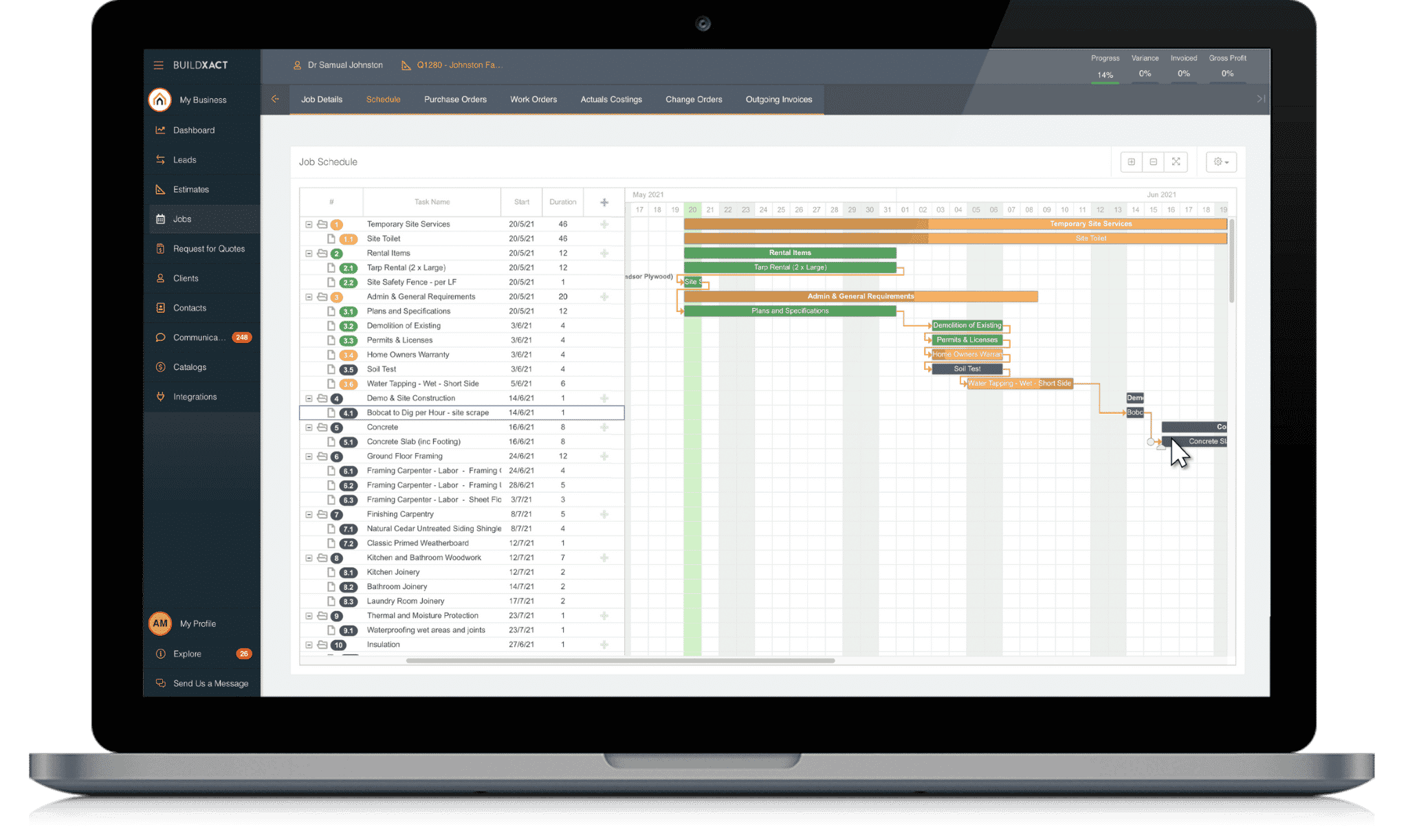 The Buildxact scheduling and job management features in a laptop