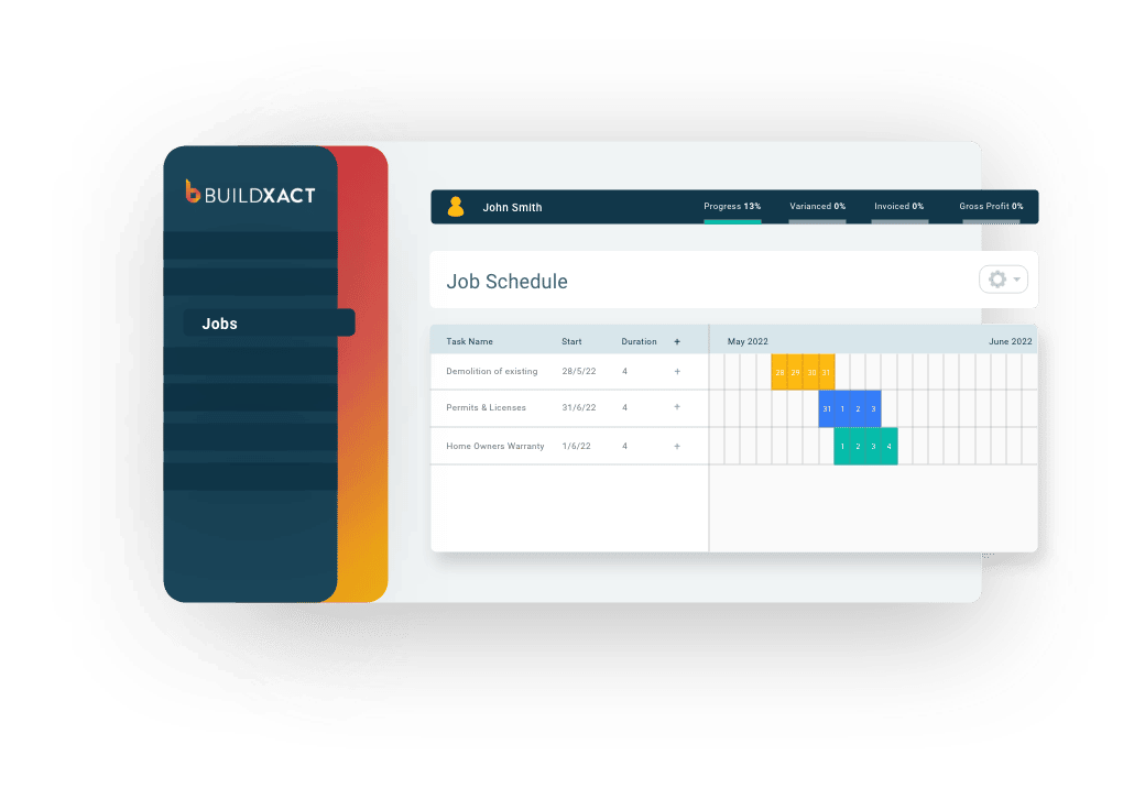 A stylised version of the Buildxact job scheduling screen