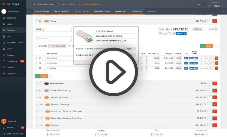 The Buildxact estimating screen with a play button