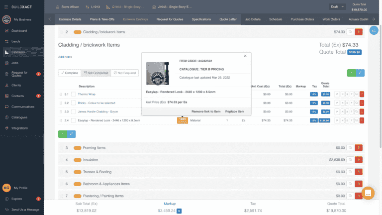 The Buildxact catalogue and estimating costings screen