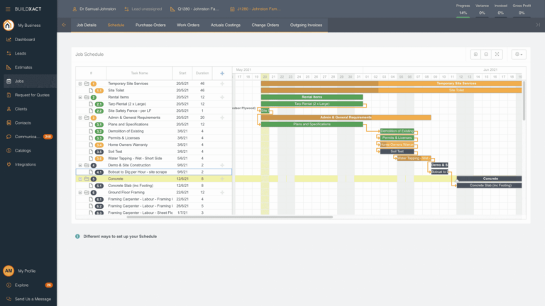 The Buildxact Scheduling screen