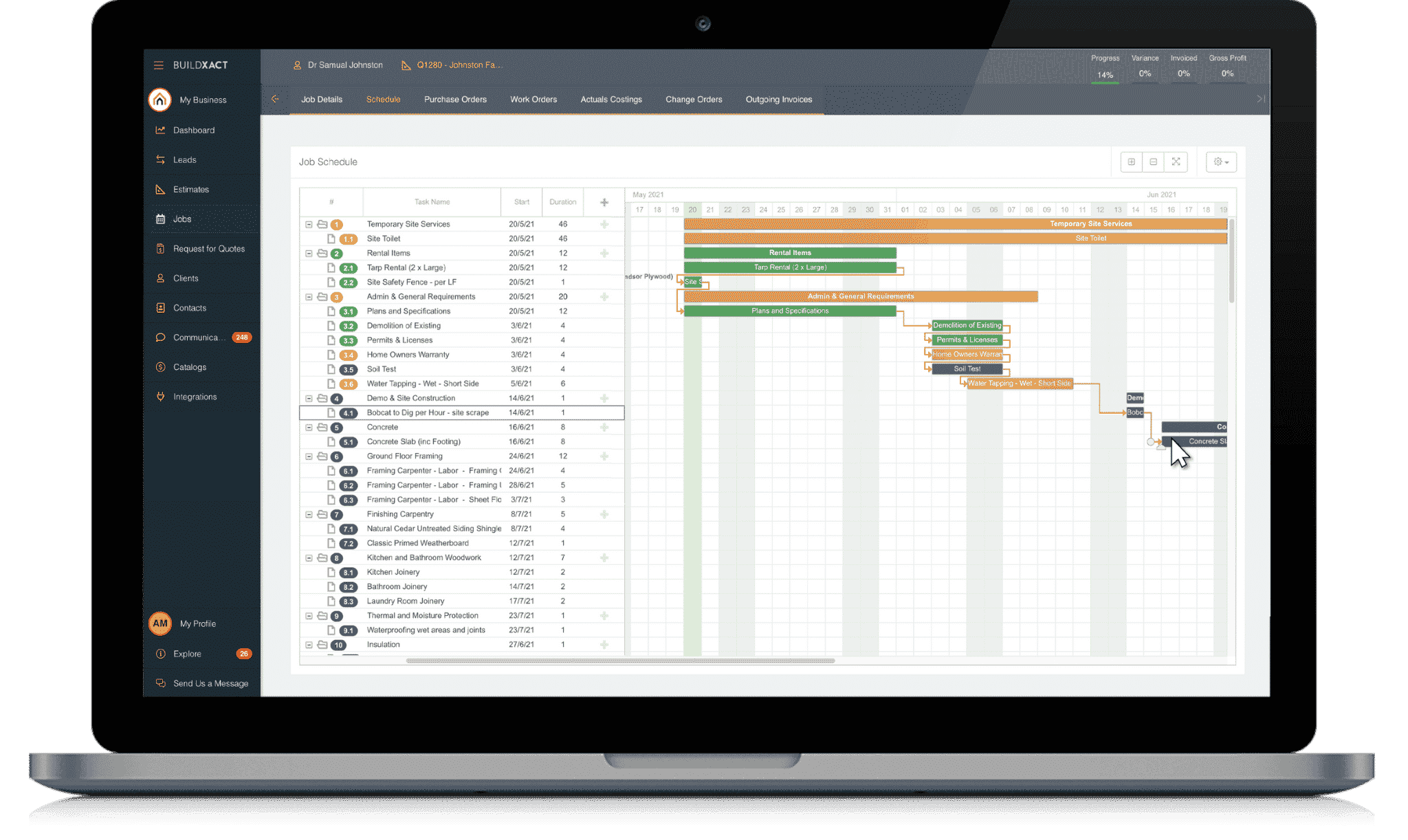 The Buildxact scheduling and job management features in a laptop