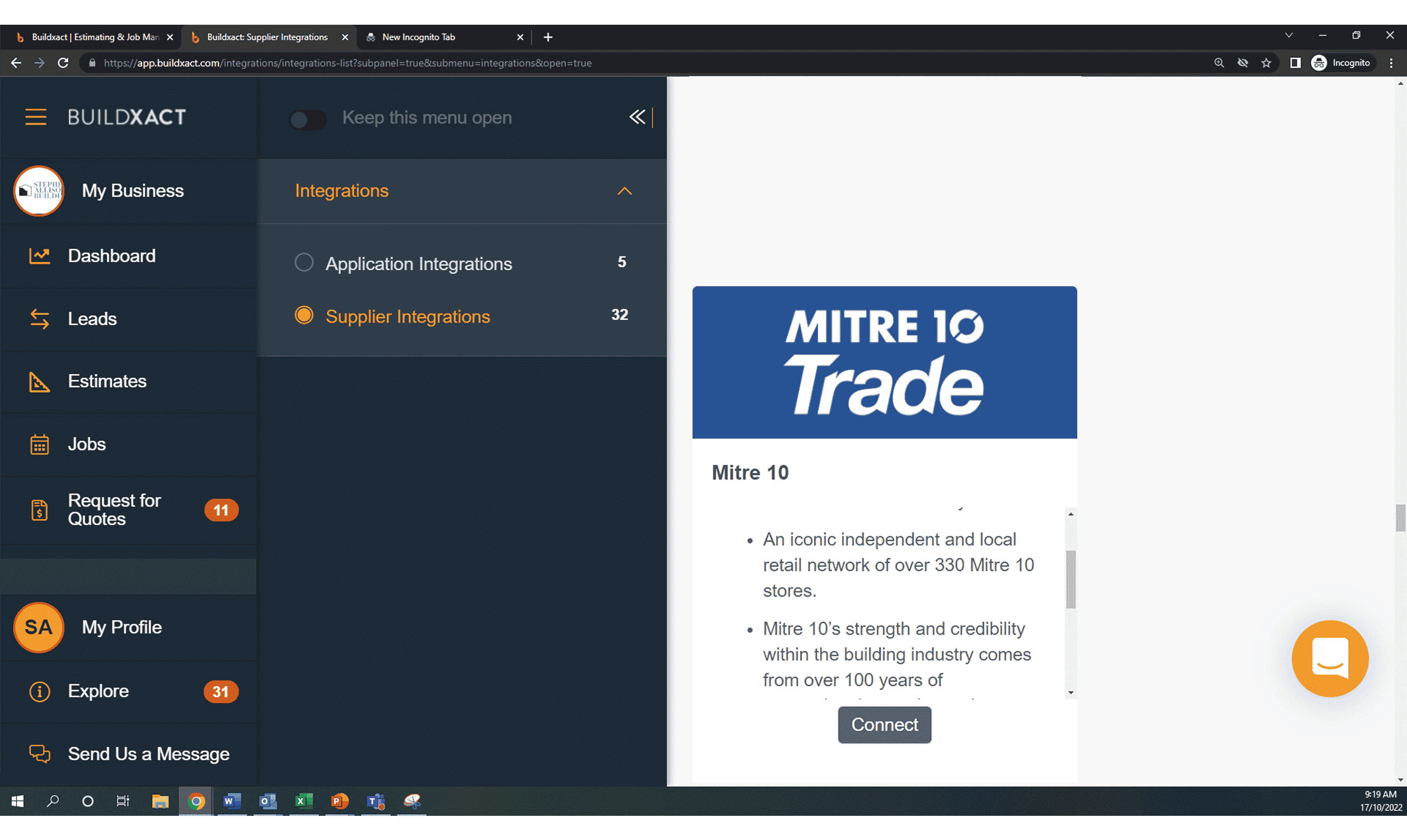 A look at the Mitre 10 supplier connection screen in Buildxact.