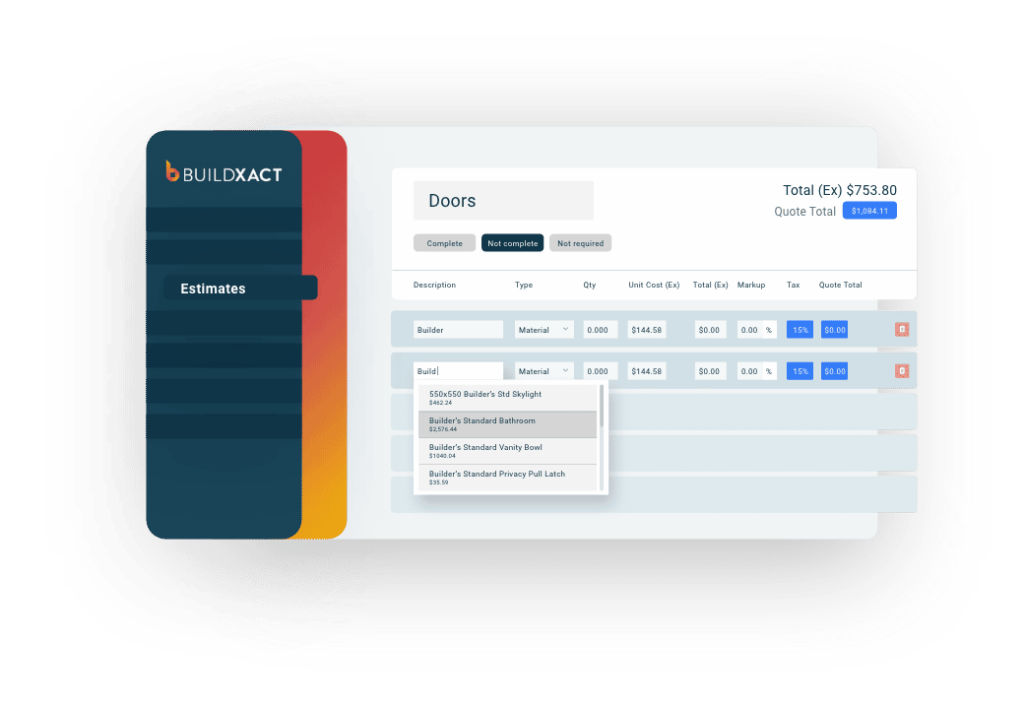 A stylised look at the estimating screen with pricelists and recipes