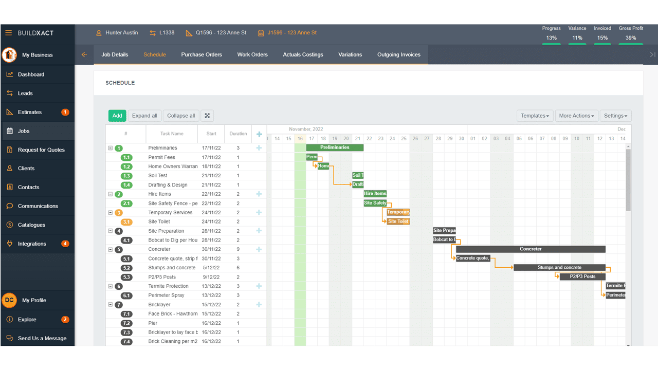 The Buildxact scheduling feature