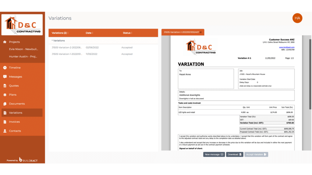 The Client Portal customer communications screen in Buildxact