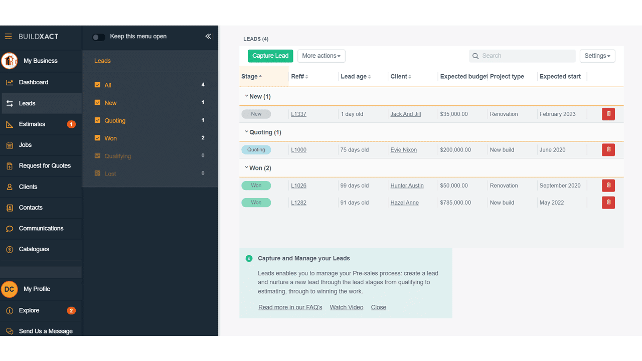 The lead management screen in Buildxact