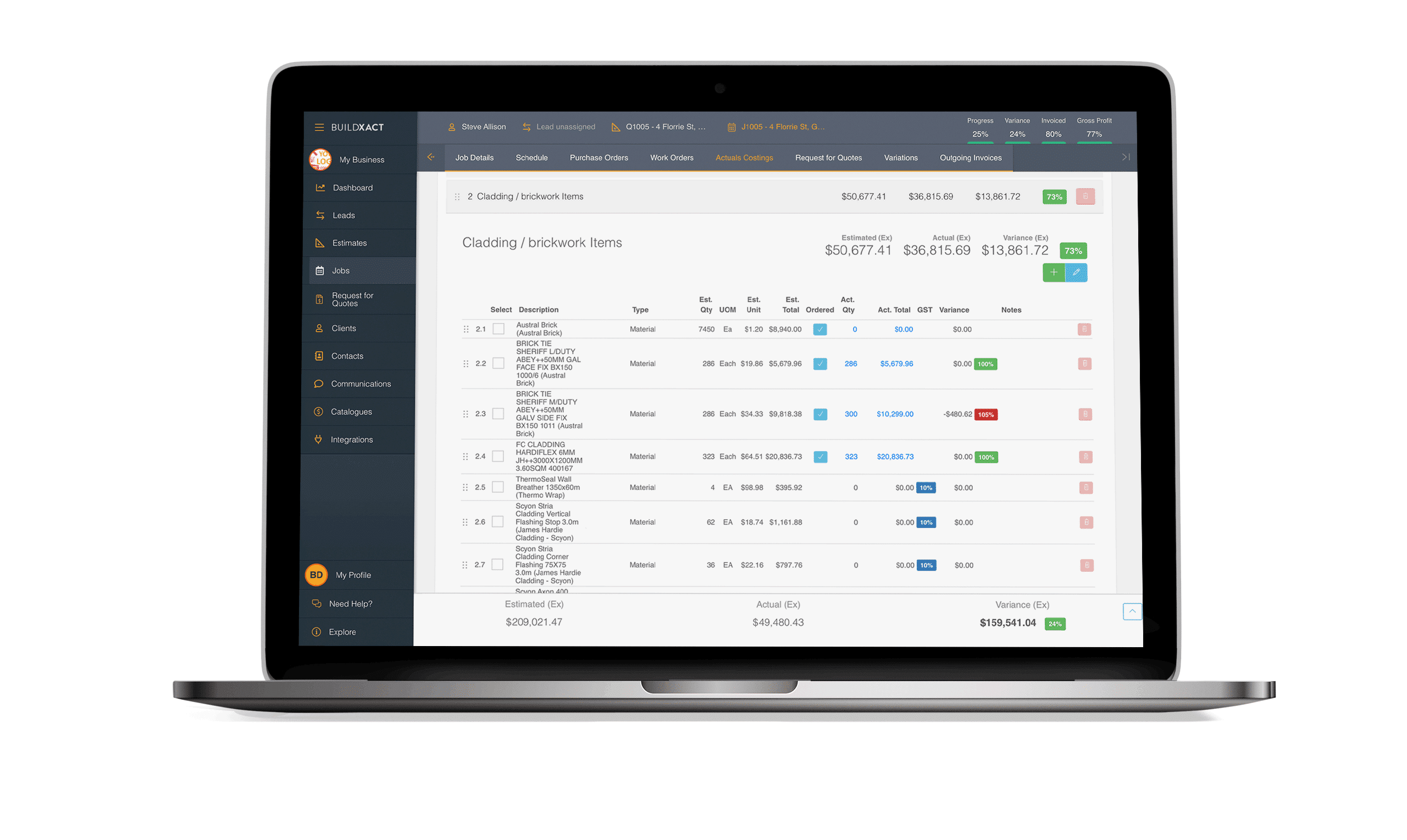 Buildxact's cost tracking category breakdown screen in a laptop