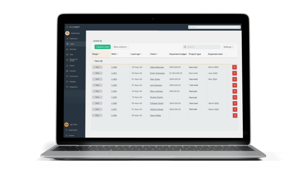 The Buildxact leads screen in a laptop