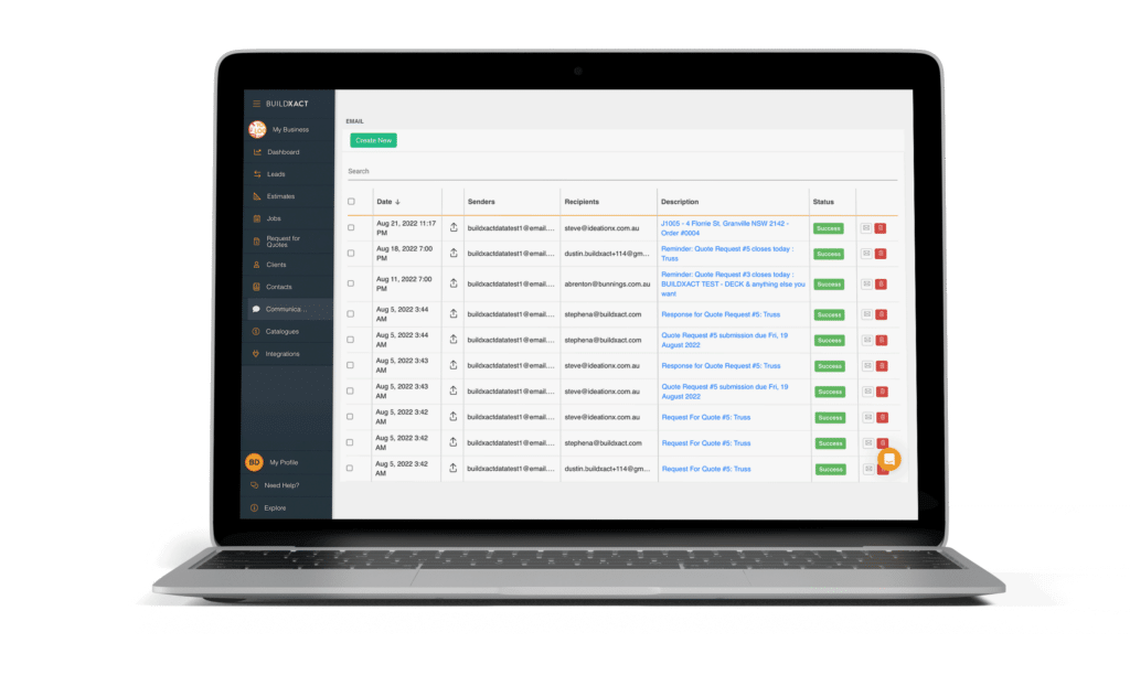 A list of customer communications in Buildxact on a laptop