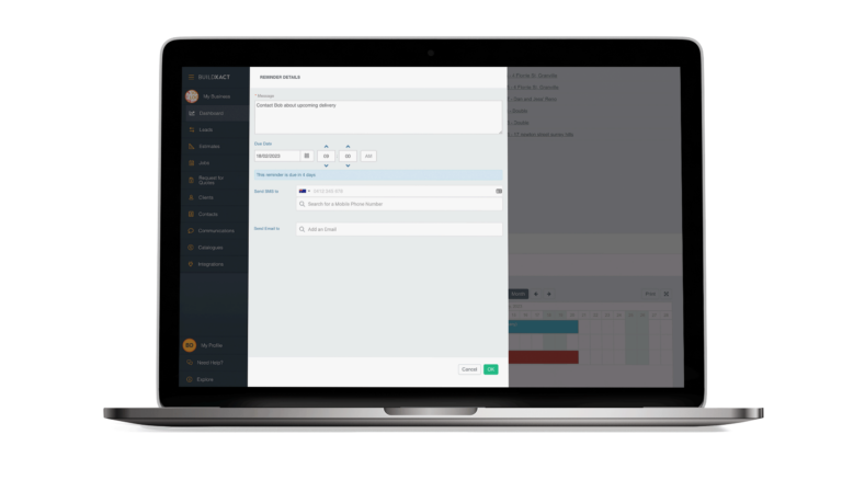 The Buildxact scheduling dashboard in a laptop