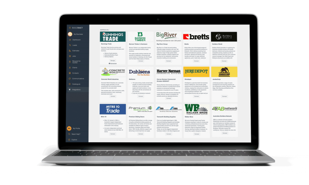 The supplier integration options with Buildxact in a laptop screen