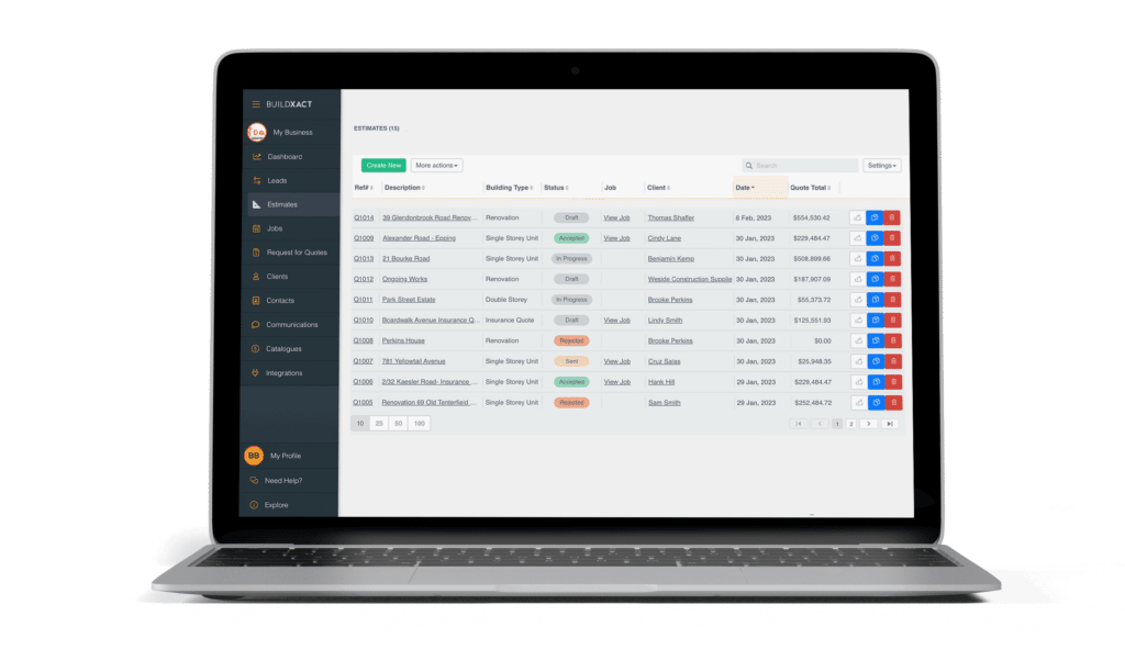 Buildxact estimate screen showing all estimates made by a user in a laptop