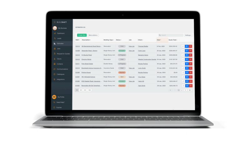 Buildxact estimate screen showing all estimates made by a user in a laptop