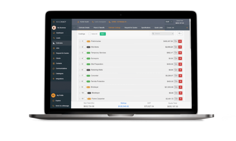A look at the Buildxact estimate costings screen in a laptop