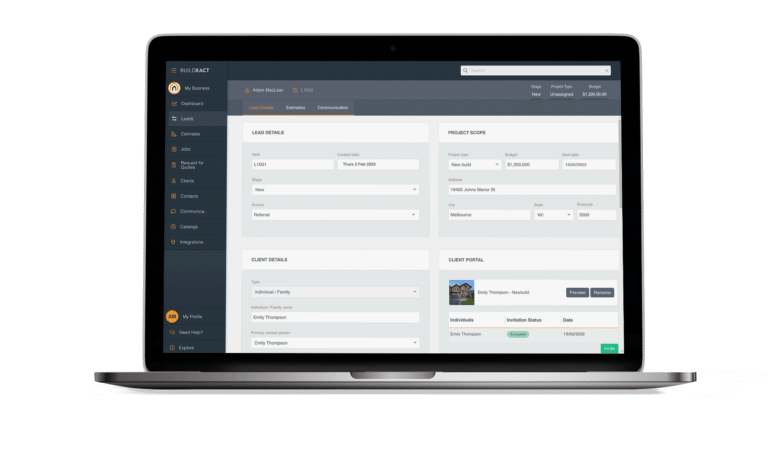 The Buildxact lead management screen in a laptop
