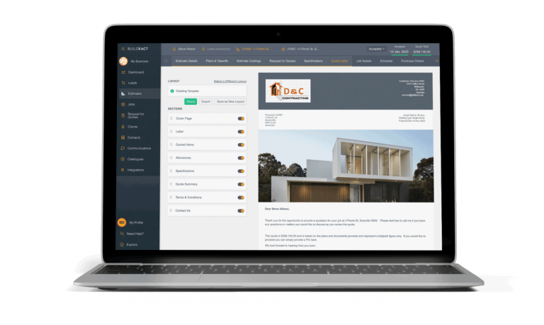 The Buildxact quoting feature in a laptop