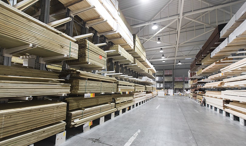 A large warehouse filled with lumber