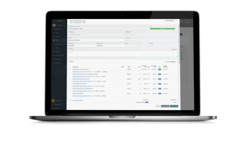 A laptop display of a purchase order for a Australian home project.