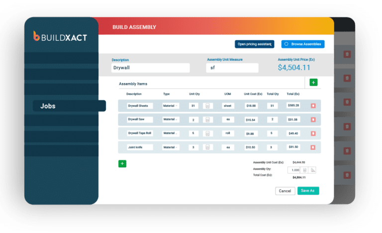 An estimate assembly displayed in Buildxact