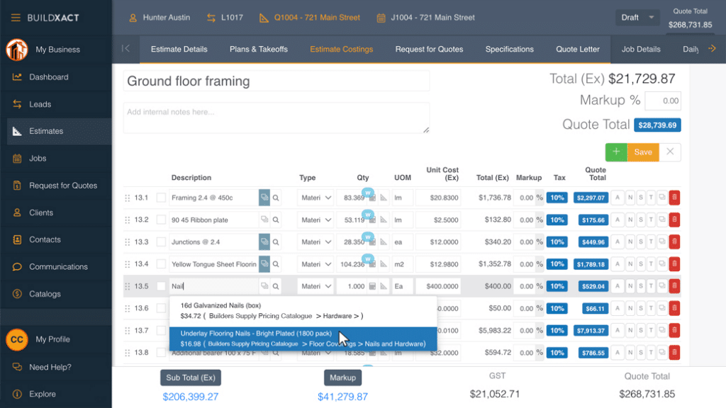 An estimate screen in Buildxact