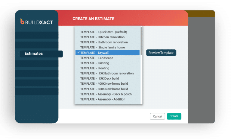 A list of estimate templates is displayed within Buildxact