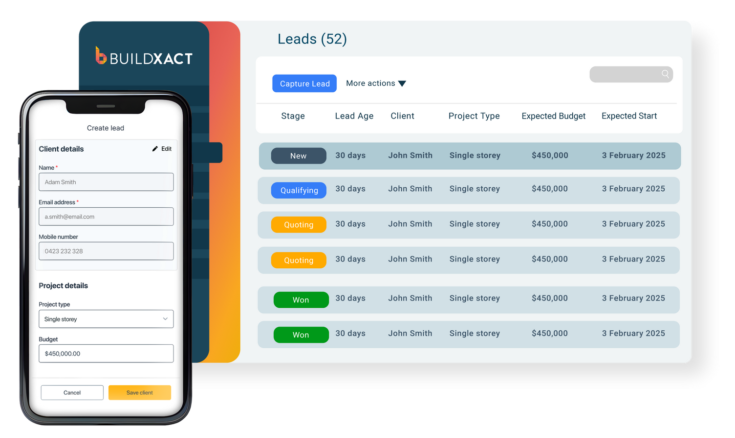 A stylised look at the lead management feature in Buildxact
