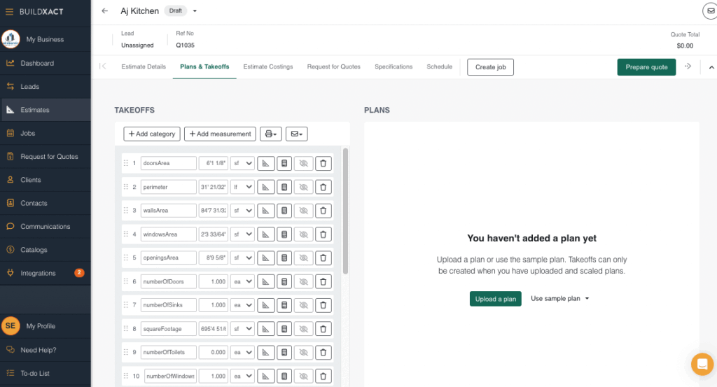 A Buildxact screenshot showing a Rendr import