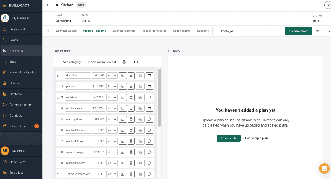 A Buildxact screenshot showing a Rendr import