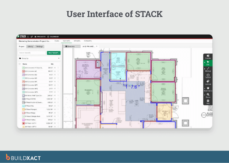 STACK takeoff interface showing a colour-coded floor plan with measurement annotations, a materials list with quantities, and editing tools for digital plan markup.