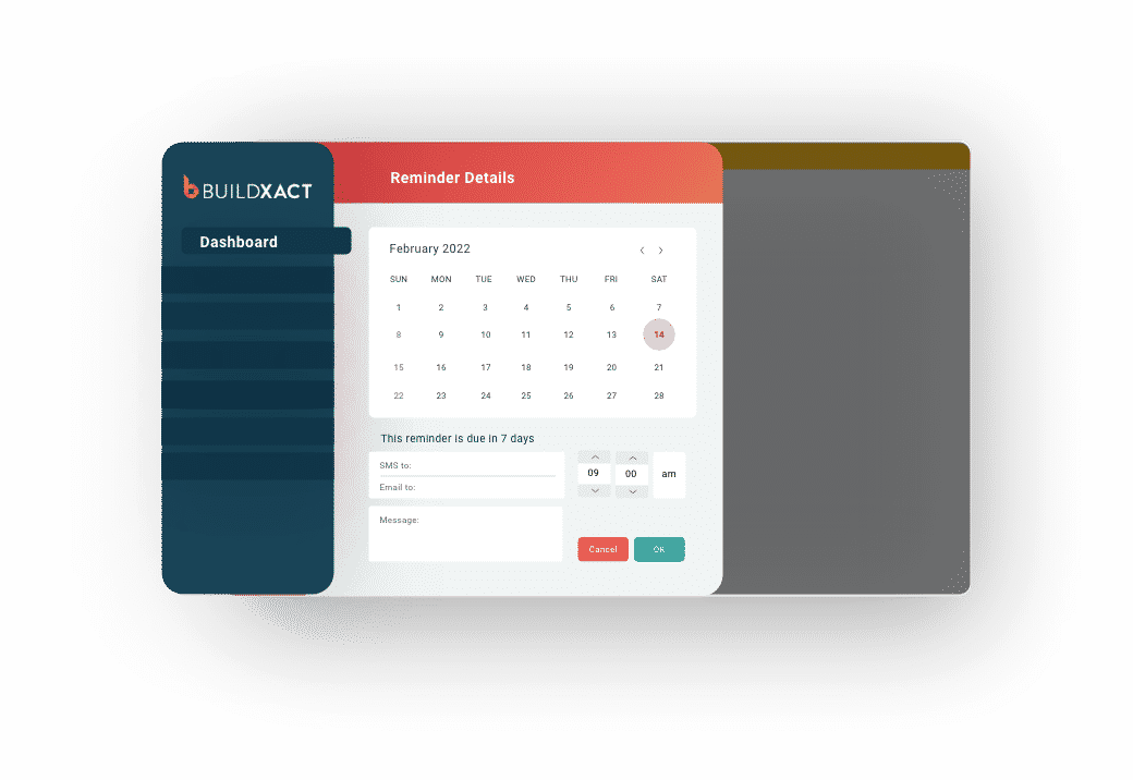 A stylised look at the reminder function on Buildxact dashboards