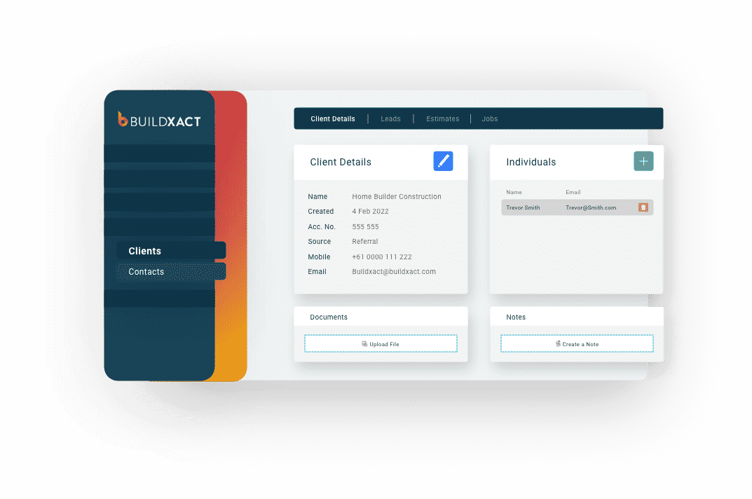 A stylised look at the client screen in Buildxact for dealers