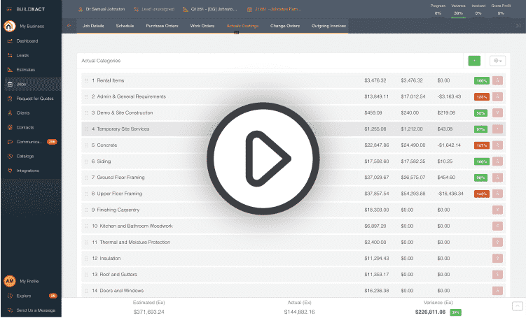 The Buildxact costings screen with a play button