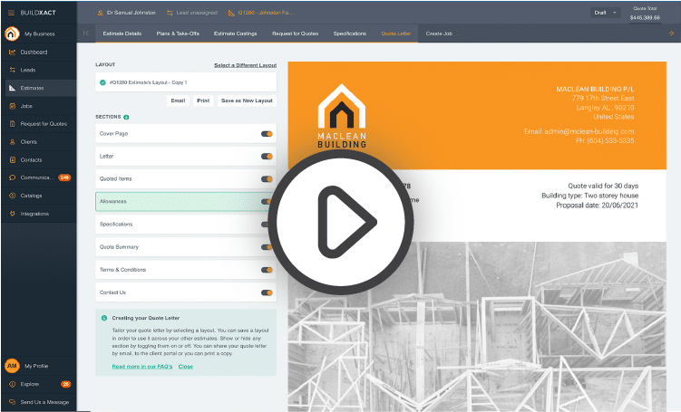 A thumbnail of the Buildxact custom quote feature with a play button