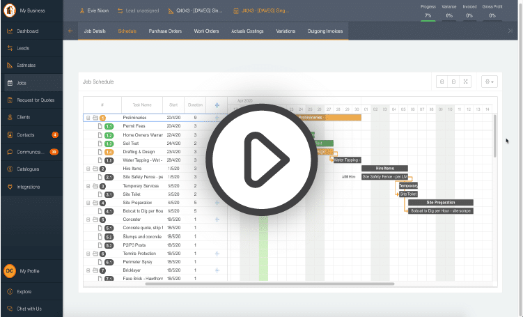 A thumbnail of the Buildxact scheduling screen with a play button