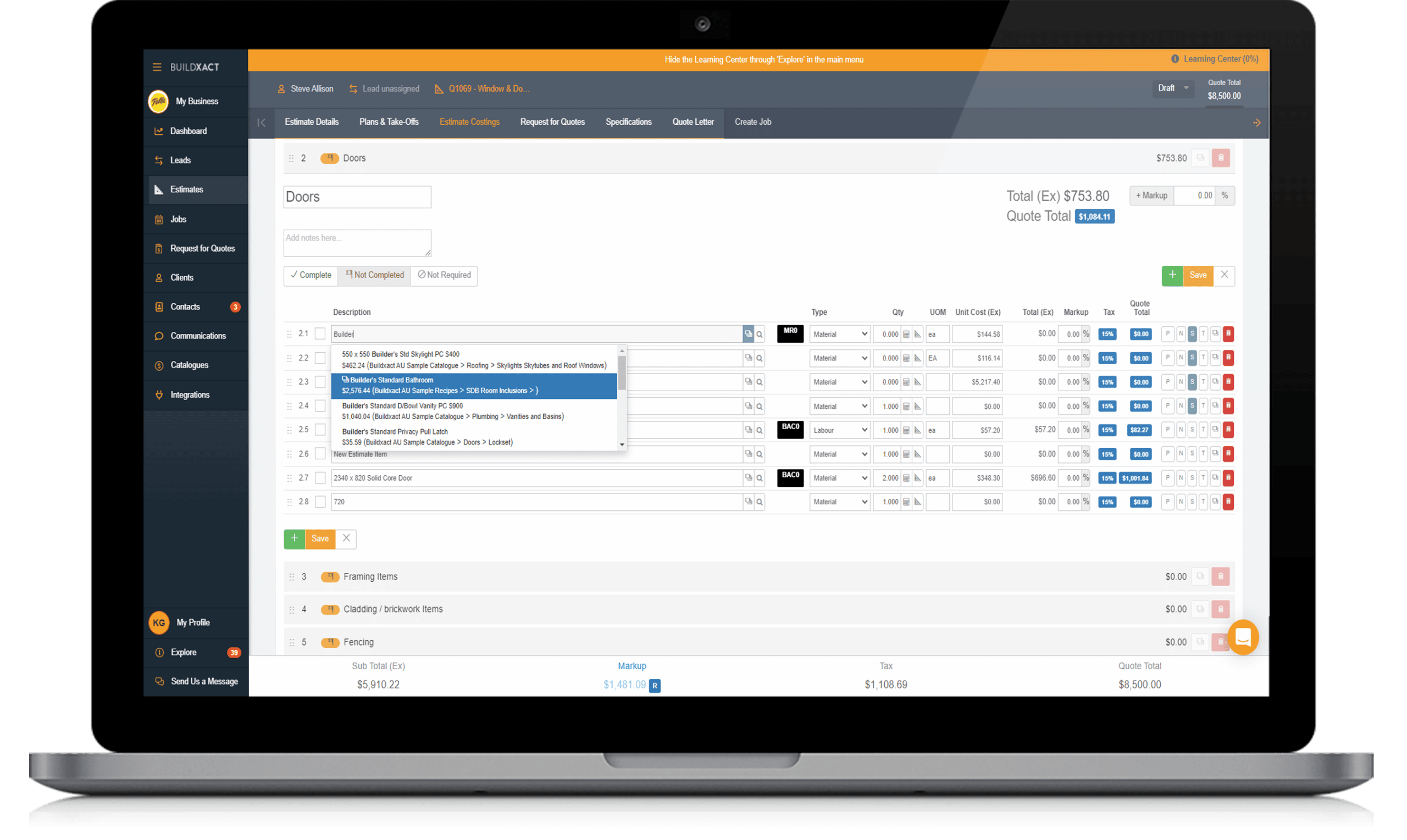 A look at the Buildxact estimates feature with pricelist and recipes on a laptop