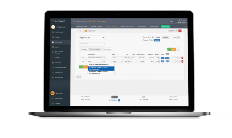 The Buildxact dealer integration estimating screen in a laptop