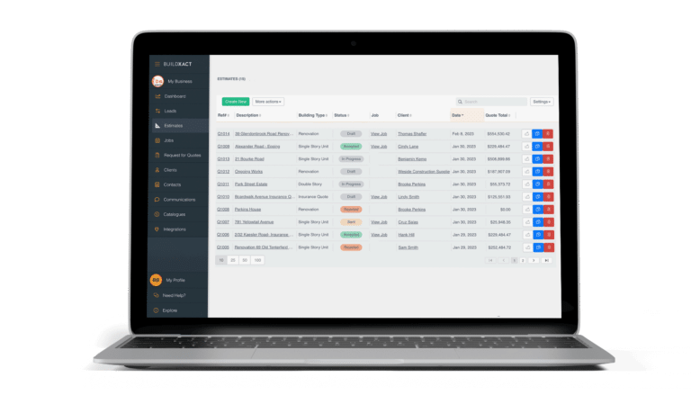 The Buildxact estimates screen in a laptop