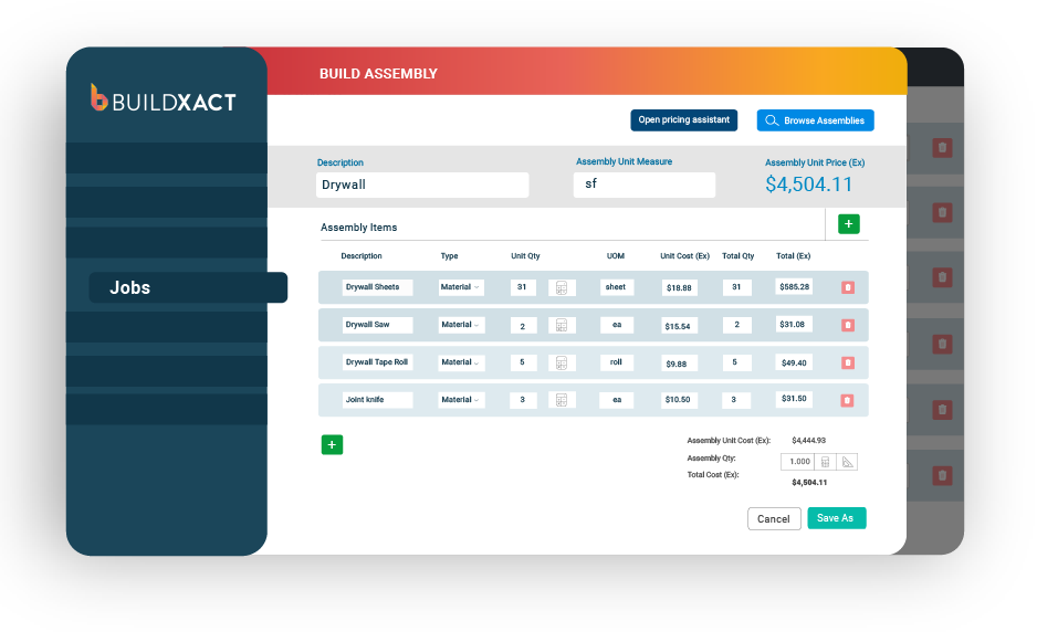 A concept of the estimating tool in Buildxact