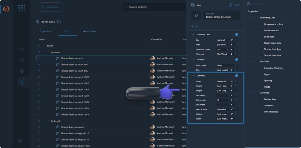 Screenshot of Stack’s estimating interface showing a timber beam item with configurable estimating data, geometry fields, and quantity calculations within the cloud-based platform.