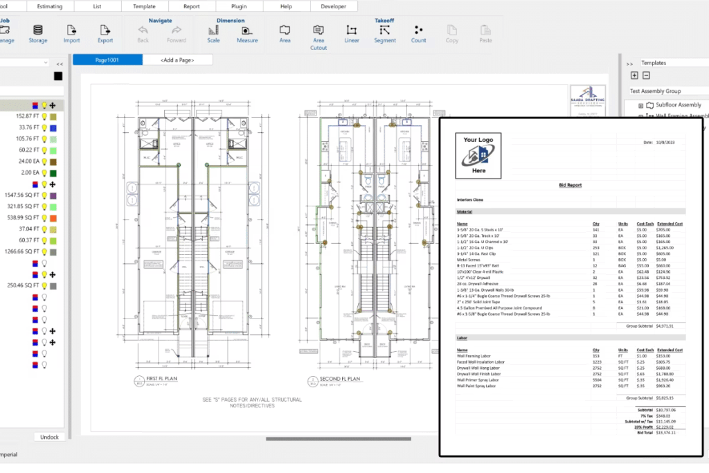 Screenshot of TradeTek’s desktop estimating software showing a construction floor plan with color-coded takeoff measurements alongside a generated bid report with material and labor cost breakdowns.