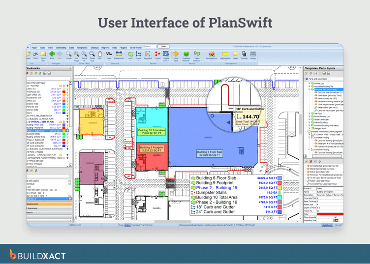 Screenshot of PlanSwift’s desktop interface showing a construction blueprint with color-coded takeoff areas, measurement tools, material lists, and quantity calculations.