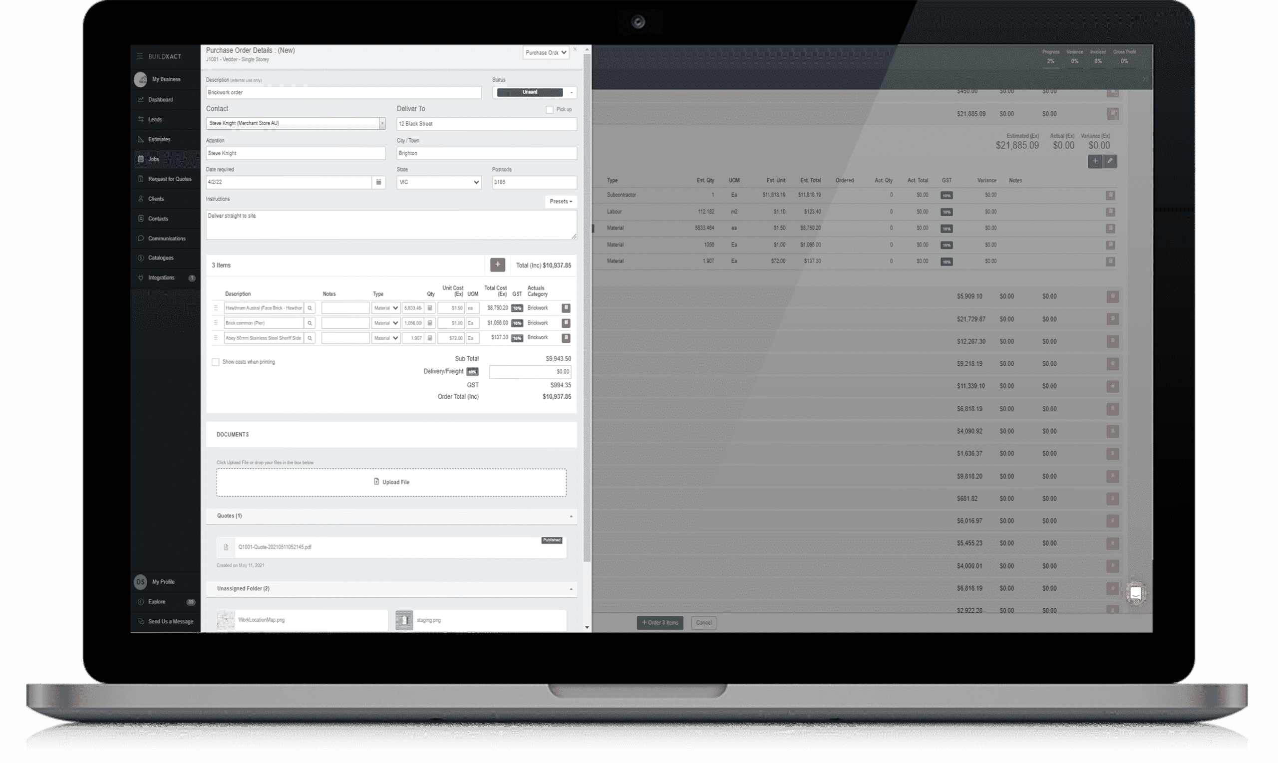 The purchase order function in Buildxact on a laptop