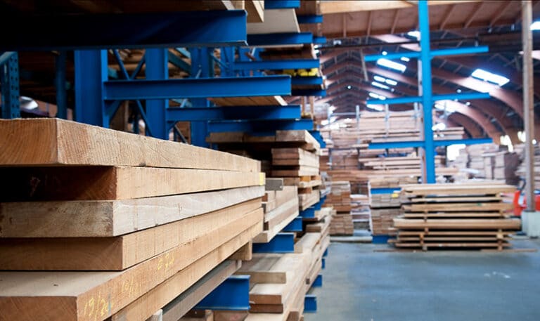 A closeup of timber in a warehouse