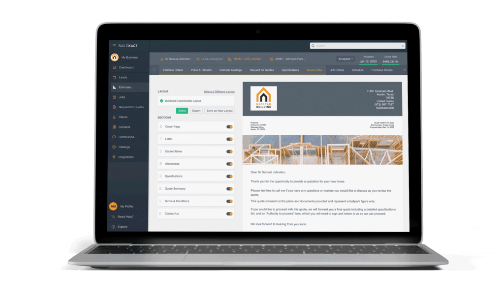 Buildxact's custom quote letter feature in a laptop screen