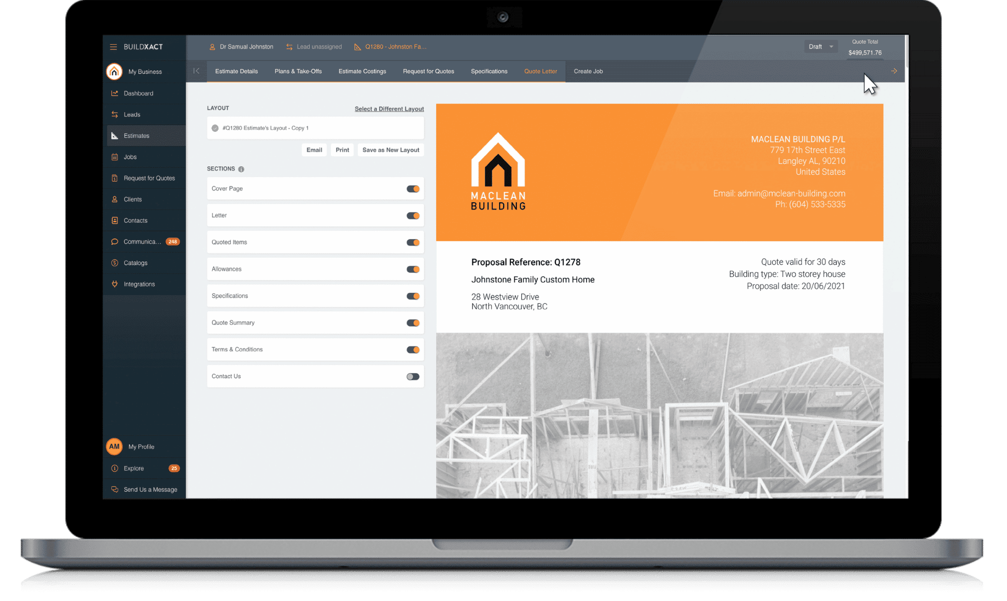 The Buildxact custom quote letter feature in a laptop screen