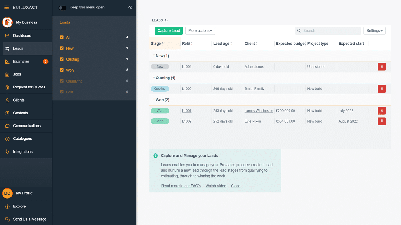 A look at the Buildxact lead management feature