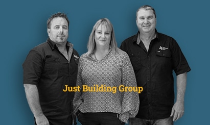 Photos of Just Building Group leadership team along with quotes describing benefits of Buildxact construction management software.